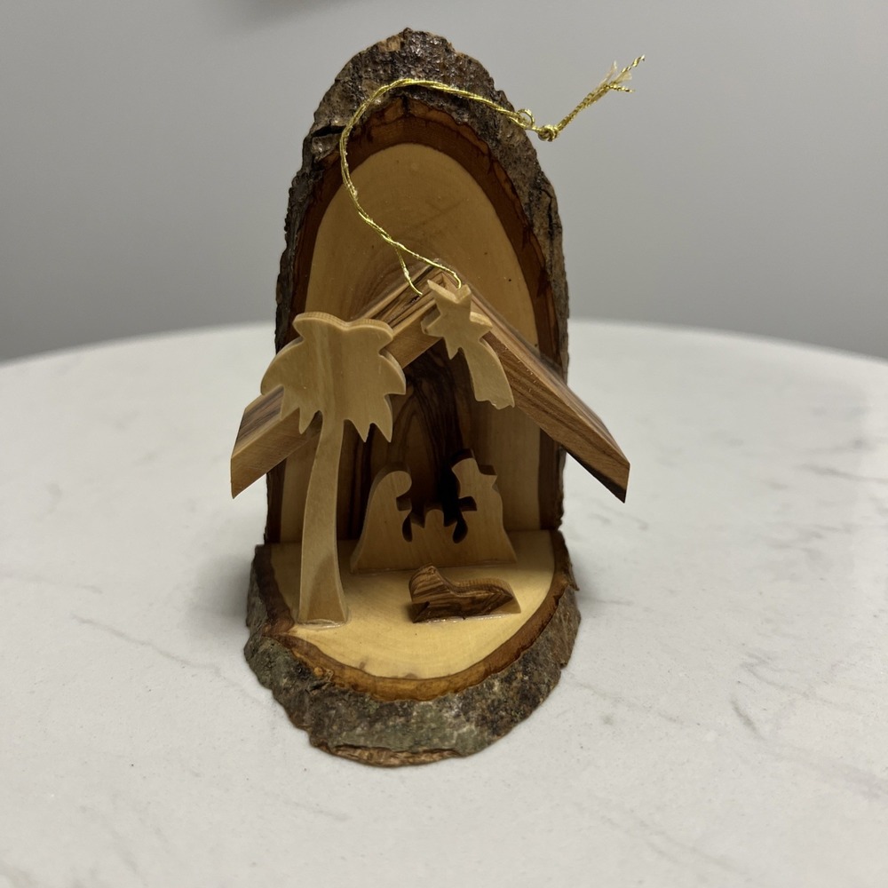 Handcrafted Olive Wood Grotto Nativity Holy Family Live Edge‎ Christmas Ornament